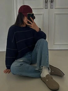 DAZY 女式条纹圆领宽松休闲套头毛衣，秋冬 - 彩色 - 查看 4