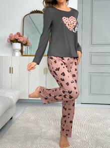 Leopard Heart Print Loose Casual Pullover Pajamas Set For Women, Fall Winter Clothes Cozy And Elegant Details - Grey - View 3