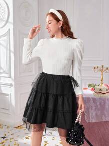 SHEIN 2 件套青少年女孩休闲优雅奢华宫廷风格纯色 T 恤和网眼薄纱裙套装 - 黑與白 - 查看 5