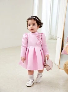 Abito rosa decorato con fiocco dolce per bimbe, autunno/inverno - Rosa - Visualizzare 6