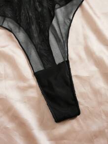 SHEIN Women Elastic Mesh Ruffled Thong Panty, Super Low Waist Lingerie - Black - View 5