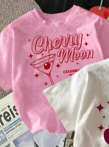 LM Estudio Áo thun crop top cổ tròn in họa tiết chữ và quả anh đào phong cách Girlcore/Y2K của Artist, dành cho mùa hè, trở lại trường, kỳ nghỉ, ngày lễ, ngày lễ tình nhân, mùa xuân - Nhiều màu - Xem 3