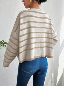 EURMUSE Women Striped Drop Shoulder Long Sleeve Cropped Casual Cardigan, Autumn Winter Fall Clothes - Beige - View 2