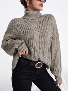Cloudara Turtleneck Cable Knit Drop Shoulder Sweater - Camel - View 4