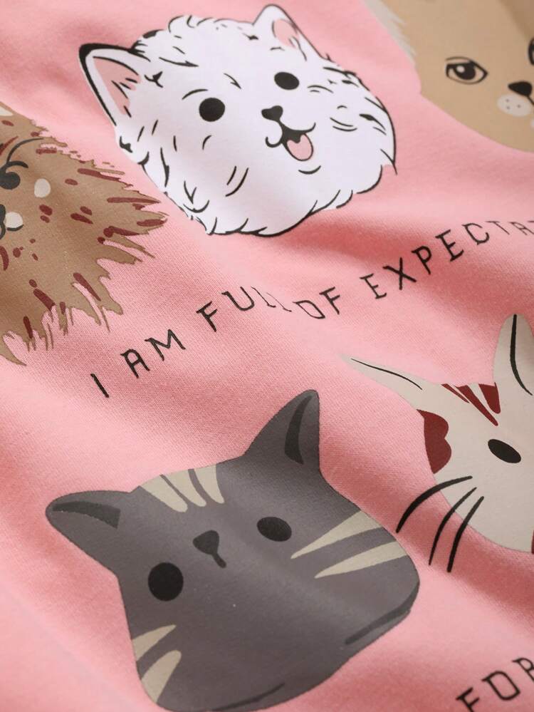 Cute Cartoon Print Hoodie Set, Adorable Sleepwear Set Pajama