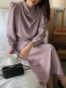 DAZY Vestido de mujer de unicolor con cintura ceñida y hombros caídos, ropa de mujer de otoño
