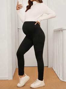 SHEIN Maternity Solid Color Adjustable Waist Pockets Casual Leggings - Black - View 5