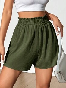 Flirla Women Loose Solid Color Ruffled Waist Casual Shorts