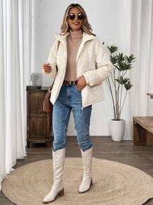 SHEIN LUNE 1pc Women's Solid Color Long Sleeve Zip-Up Corduroy Padded Padded Coat, Winter - Apricot - View 5