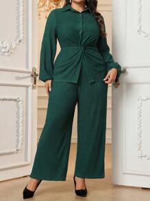Modelyn Set da donna taglie forti da primavera/estate, composto da pantaloni e camicia monopetto a maniche lunghe in colore unito, 2 pezzi - Verde Scuro - Visualizzare 4