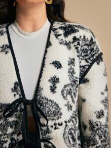 Elaquor Plus Size Women's Autumn Winter Paisley Pattern Drop Shoulder Front Tie Plus Fleece Thick Jacket - Multicolor - View 9