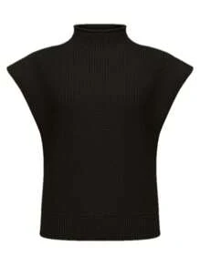INAWLY Women's Solid Color Stand Collar Cap Sleeve Loose Casual Knit Sweater, Spring & Autumn,Sleeveless Tops, Knit Pullover Fall Winter - Black - View 2