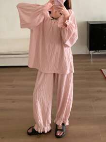 DAZY Women's Loose Pleated Contrast Color Ruffle Long Sleeve Blouse And Pants Pajama Set - Pink - View 4