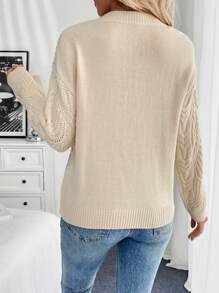 SHEIN LUNE Áo len dài tay rộng rãi cổ chữ V trễ vai màu trơn cho nữ, mùa thu đông - Màu be - Xem 2