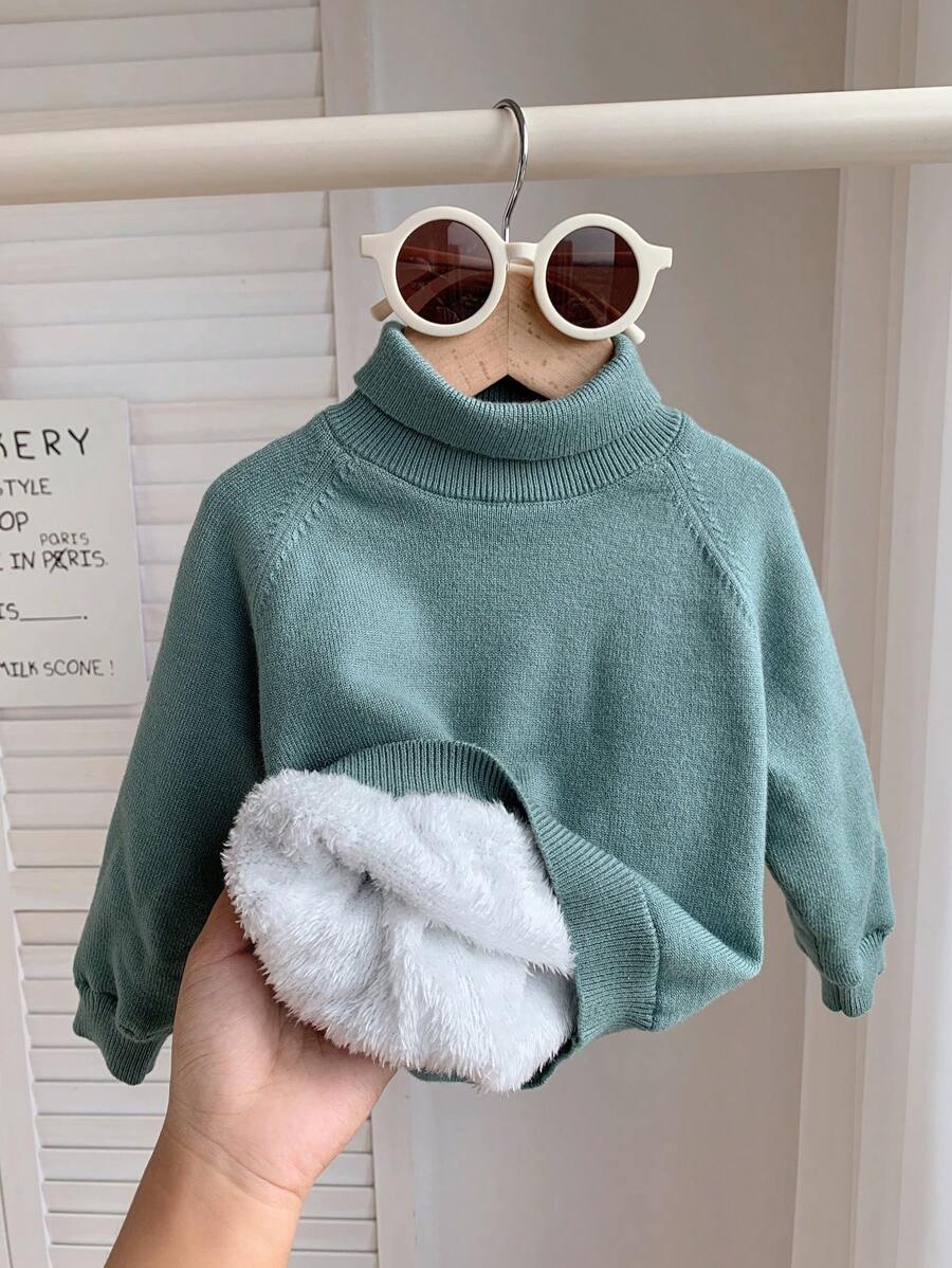 SHEIN 薄荷绿色厚针织柔软高领毛衣,休闲,适合上学、居家、户外,适合男婴和女婴,秋冬季 - 薄荷綠 - 查看 1