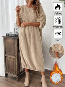 EMERY ROSE Women's Casual Solid Color Fleece Drawstring Hem Loose Everyday Dress, Autumn/Winter - Apricot - View 4