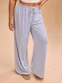 Forever 21 大码女式休闲百搭宽松松紧腰条纹针织裤 - 藍白色 - 查看 4