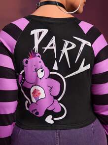 SHEIN X Care Bears Designer 1pc Plus Size Women's Punk Style Cartoon Bear & Letter Printed Color Block Striped Raglan Sleeve Fitted Cropped T-Shirt, Holiday, Thanksgiving, Festival