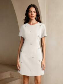 Anewsta Váy ôm tay ngắn cổ hoa đính hạt dệt tay kiểu Pháp thanh lịch - trắng - Xem 6