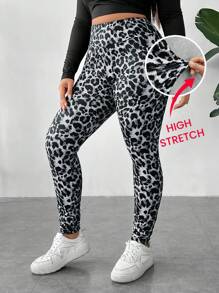 SHEIN EZwear 大码女式豹纹打底裤 - 灰色 - 查看 2