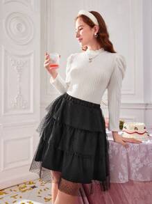 SHEIN 2 件套青少年女孩休闲优雅奢华宫廷风格纯色 T 恤和网眼薄纱裙套装 - 黑與白 - 查看 6