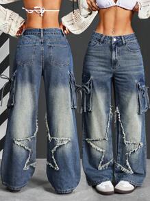 SHEIN PETITE 女士时尚街头纽扣腰带环侧袋磨边牛仔裤