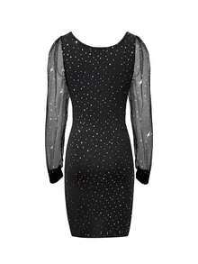 Party Glitter Knitted See-Through Long Sleeve Patchwork Hooded Bodycon Mid-Length Dress - Black - View 2
