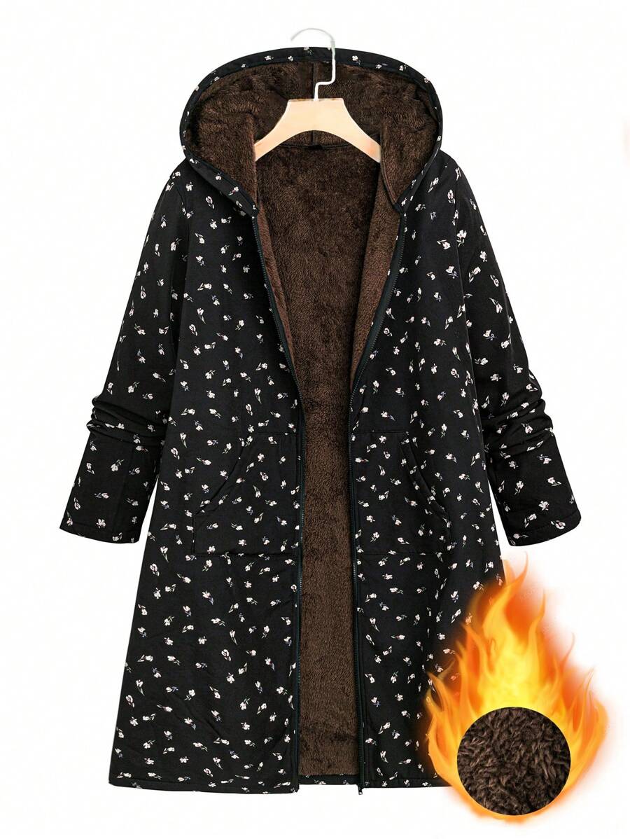 Linhara 大码女式冬季碎花保暖内衬连帽休闲夹克 - 彩色 - 查看 1