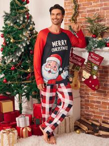 SHEIN 男士圣诞睡衣套装节日派对家庭配套睡衣圣诞老人印花长袖家居服，温暖舒适的面料适合圣诞节家庭聚会、节日摄影、秋冬季 - 彩色 - 查看 2
