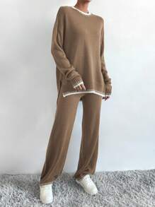 SHEIN ChicEase 2pcs Women's Solid Color Patchwork Crew Neck Long Sleeve Sweater & Pants Casual Set - Multicolor - View 5