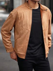 Manfinity Bizformal Men Suede-Like Split Line Stand Collar Casual Jacket, Grunge, Fall - Brown - View 5