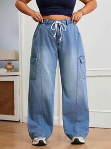 SHEIN EZwear Plus Size Vrouwen Trekkoord Taille Cargo Zak Wijde Pijpen Relaxed Casual Baggy Jeans