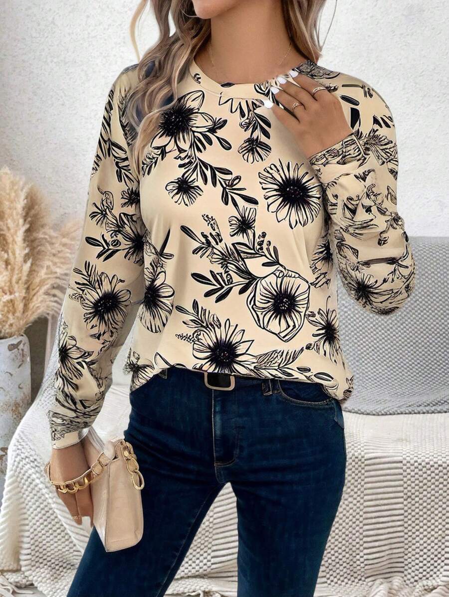 SHEIN LUNE Camiseta de manga larga con estampado de flores de margaritas para mujeres - Caqui - Ver 1
