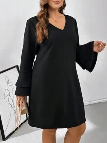 SHEIN Essnce Đầm tay dài cổ chữ V xếp nếp cỡ lớn cho nữ - màu đen - Xem 5