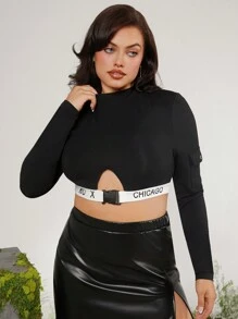 evoluSHEIN X Anitta GAUTII تي شيرت طويل الأكمام مقصّر للسيدات ذوات الحجم الكبير للربيع والخريف، مزين بحروف وتفاصيل منقوبة، مناسب للعطلات والشكر والمهرجانات - أبيض وأسود - مشاهدة 3