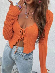 Chiquease Áo khoác cardigan ngắn tay dài buộc nơ phía trước màu trơn cho nữ - trái cam - Xem 4