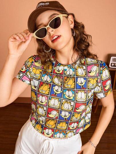 GARFIELD | SHEIN Camiseta informal para mujer con mangas cortas y estampado integral para verano
