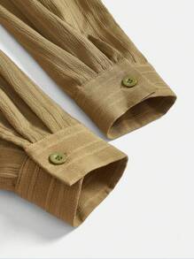 Mulvari 2件套女士纯色长袖纽扣衬衫和阔腿裤休闲套装 - 軍綠色 - 查看 10