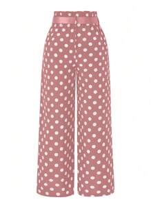 SHEIN Clasi Plus Size Women's Casual Polka Dot Wide Leg Pants With Frill Waist - Pink - View 2