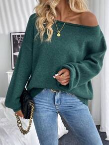 SHEIN LUNE Damen Einfarbiger Rundhals Dropped Shoulder Langarm Locker Lässig Pullover, Herbst/Winter, Strick Pullover Herbst - Dunkelgrün - Übersicht 6