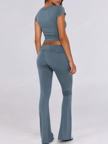 2pcs/Set Women Summer Solid Color Round Neck Short Sleeve Fitted T-Shirt And High Waist Ruffle Flared Pants, Athleisure Set