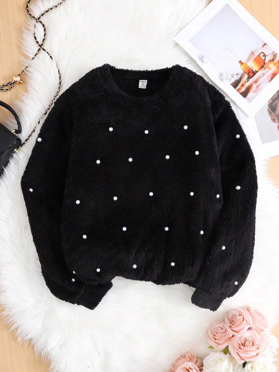 SHEIN Teen Girls Knitted Solid Double-Sided Fleece Studded Loose Casual Crew Neck Sweatshirt