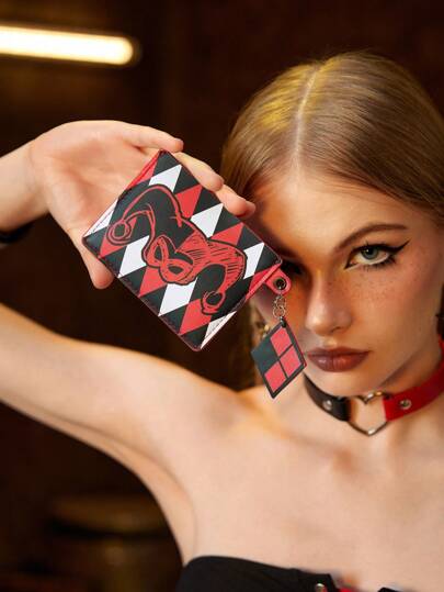 Harley Quinn | ROMWE Cartoon And Argyle Printed Multi-Layer Portable Card Holder