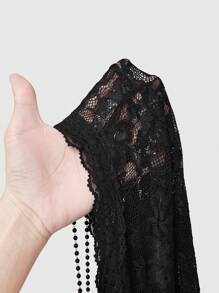 ROMWE Goth Cross Bead Decorated V-Neck Flare Sleeve Lace Tight Top
