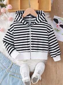 Young Girl Basics Knitted Striped Drop Shoulder Drawstring Zipper Loose Hoodie
,Great For Casual & Daily Wear & School Daily In Summer & Autumn - Black and White - View 1