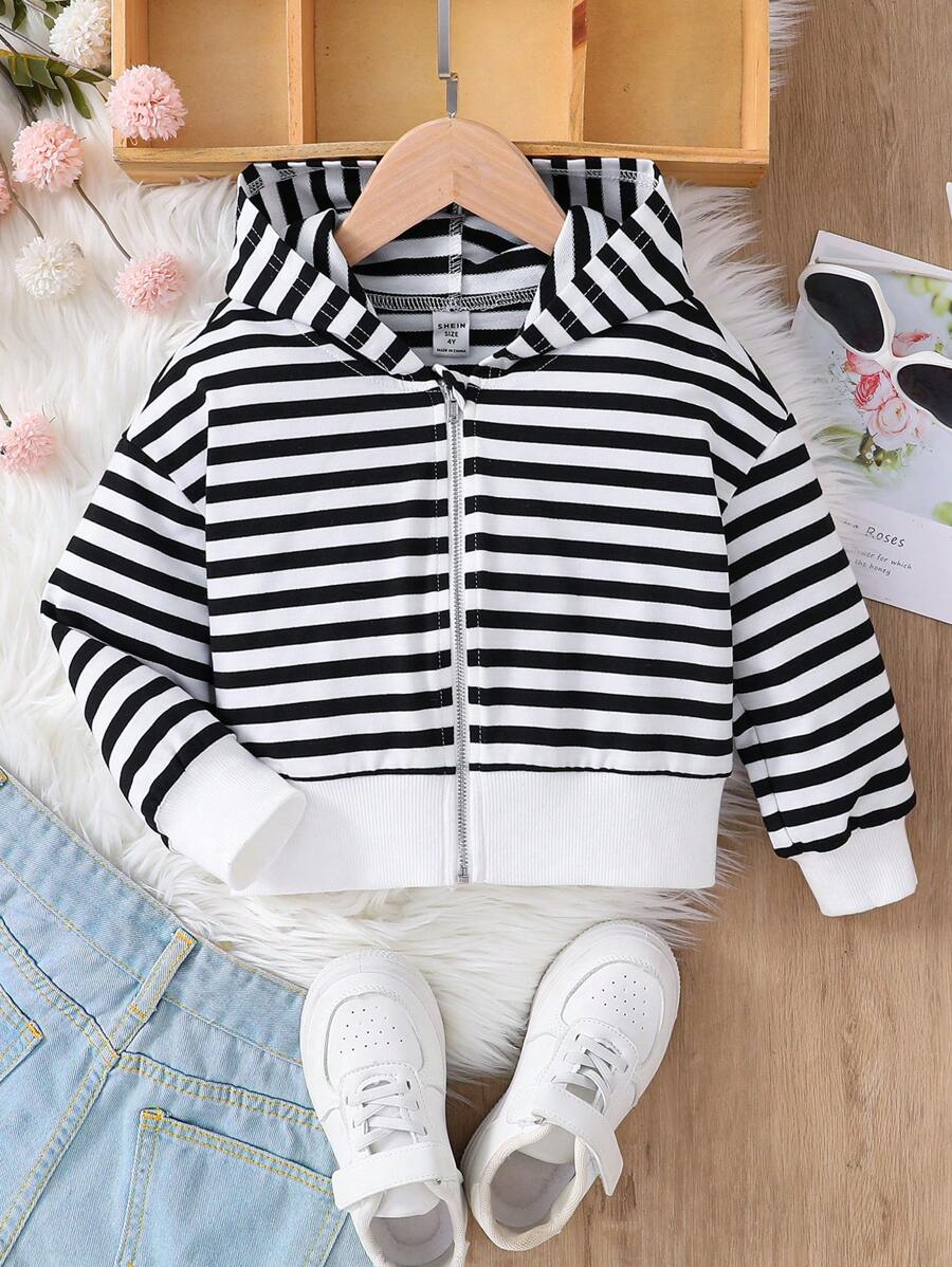 Young Girl Basics Knitted Striped Drop Shoulder Drawstring Zipper Loose Hoodie
,Great For Casual & Daily Wear & School Daily In Summer & Autumn - Black and White - View 1