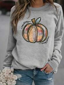 SHEIN LUNE Plus Size Women's Pumpkin Print Long Sleeve Casual Round Neck Sweatshirt Top, Fall/Winter Graduation,Back To School Outfits,Graduation,Teacher Outfits For Women,Back To School - Grey - View 1