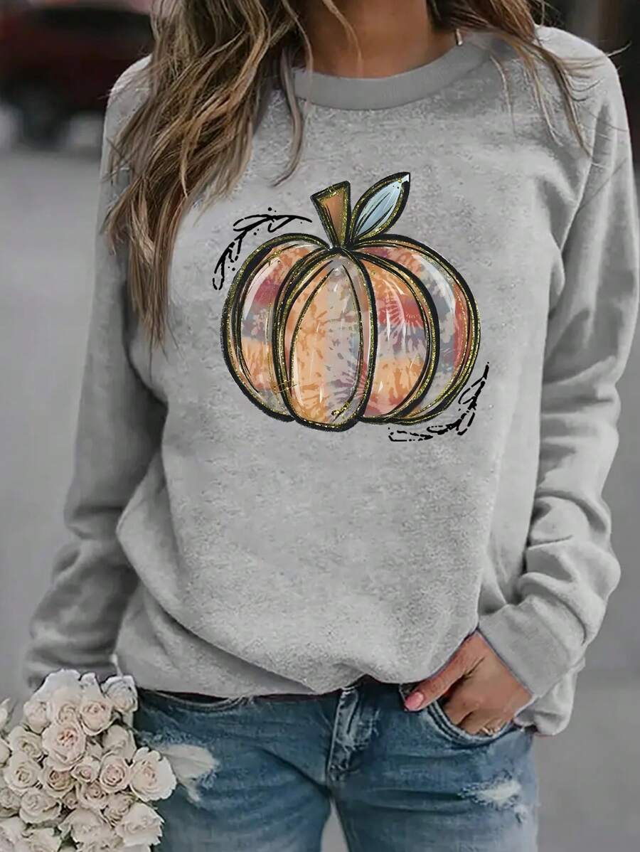 SHEIN LUNE Plus Size Women's Pumpkin Print Long Sleeve Casual Round Neck Sweatshirt Top, Fall/Winter Graduation,Back To School Outfits,Graduation,Teacher Outfits For Women,Back To School - Grey - View 1