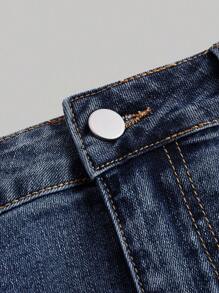 SHEIN MOD 女式前纽扣口袋做旧磨边下摆休闲牛仔半身裙