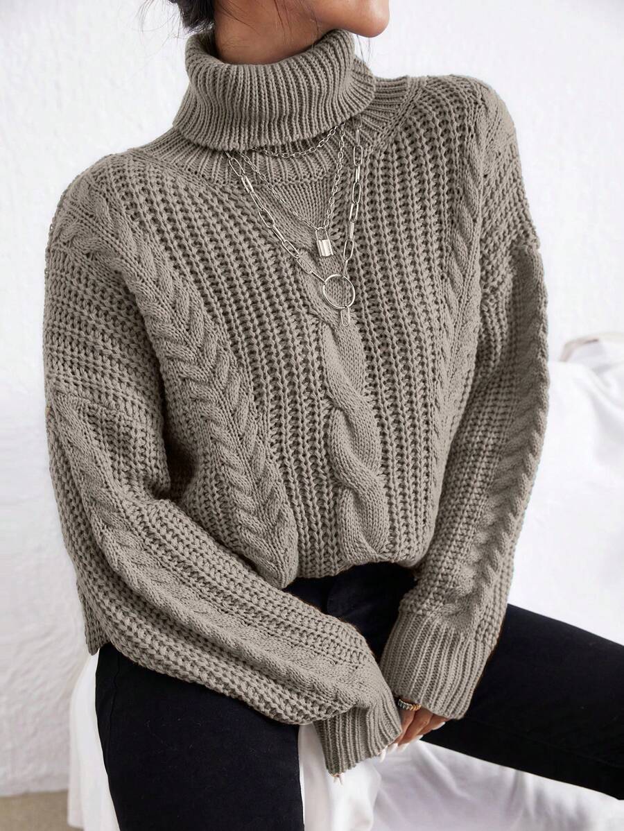 Cloudara Turtleneck Cable Knit Drop Shoulder Sweater - Camel - View 1